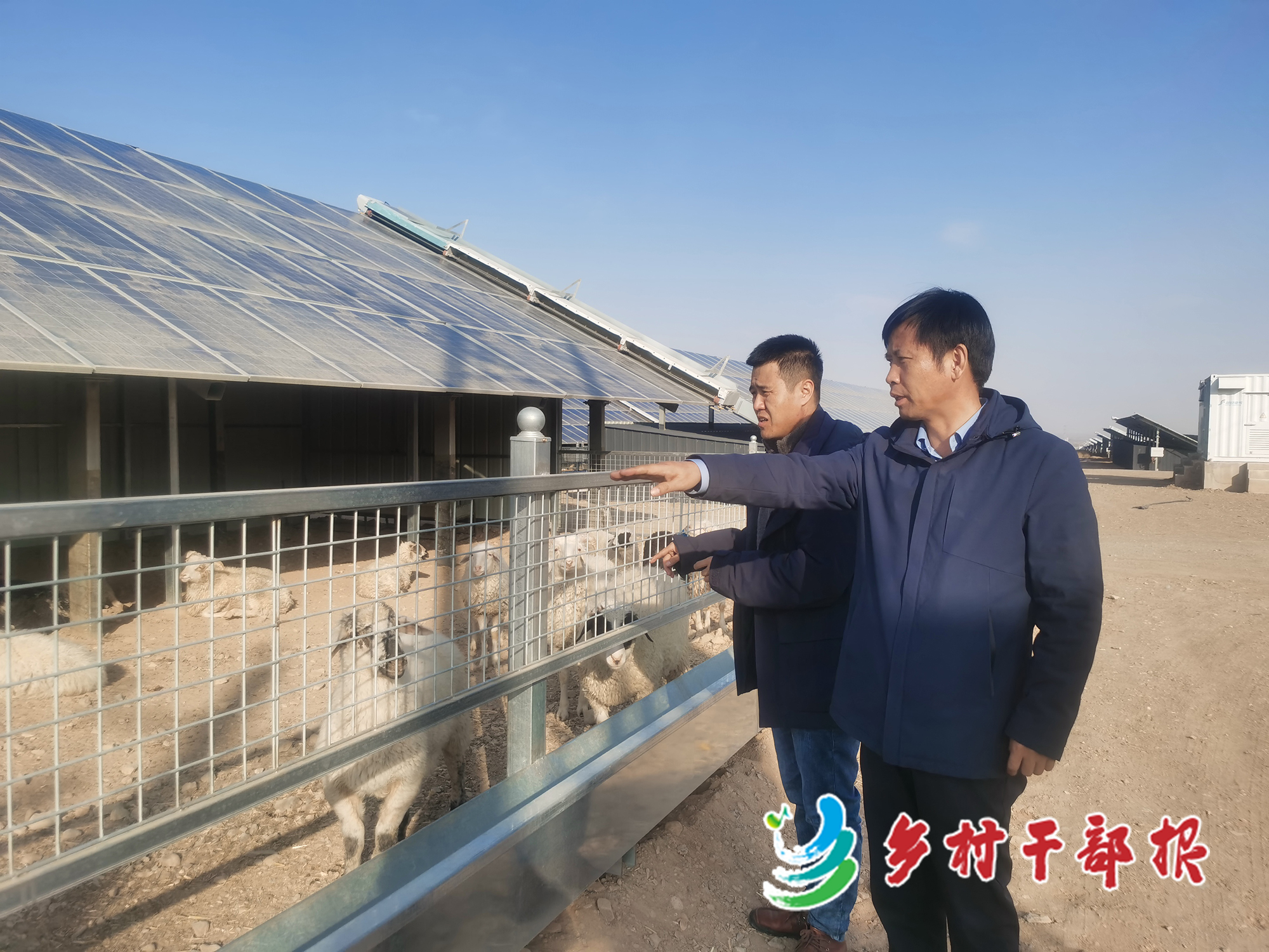 周德强（右）与原隆村党支部书记杨青商量“光伏羊”养殖园区下一步规划。2.jpg
