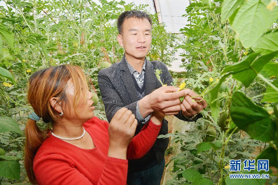 李效峰（左）在村民家寻访，了解春季农户种植业发展情况与需求（3月29日摄）。